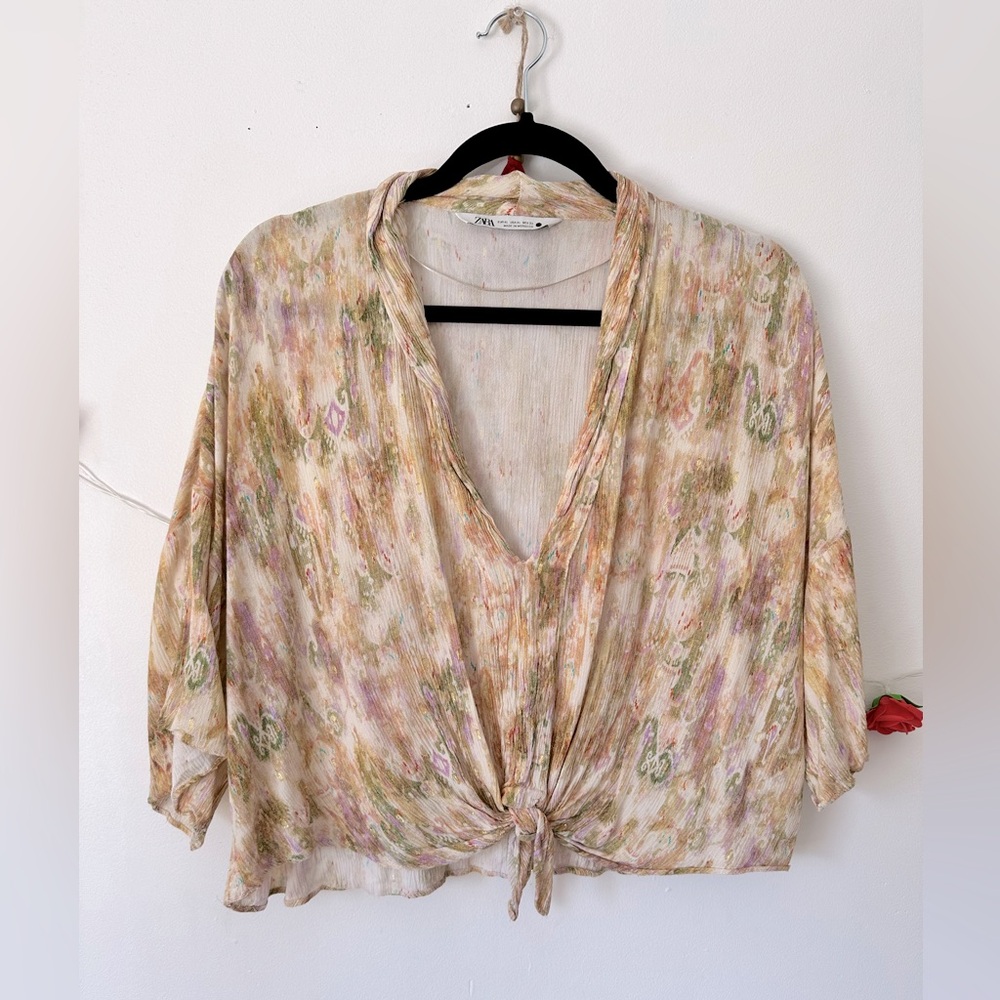 2 Piece SET Zara Pastel Yellow Metallics Shiny Printed Pants Blouse L XL - Picture 3 of 12